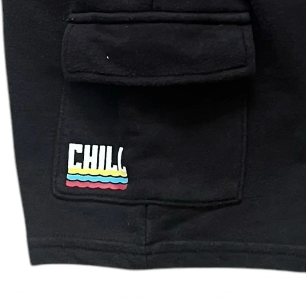 365 Kids casual cargo black shorts Boys 5 cargo side pockets Chill graphic